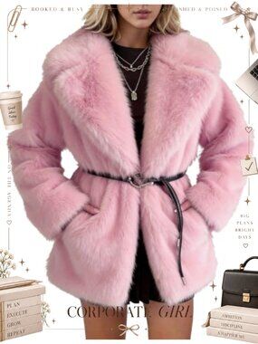Faux Fur Belted Coat Warm Fuzzy Lapel Party Jacket